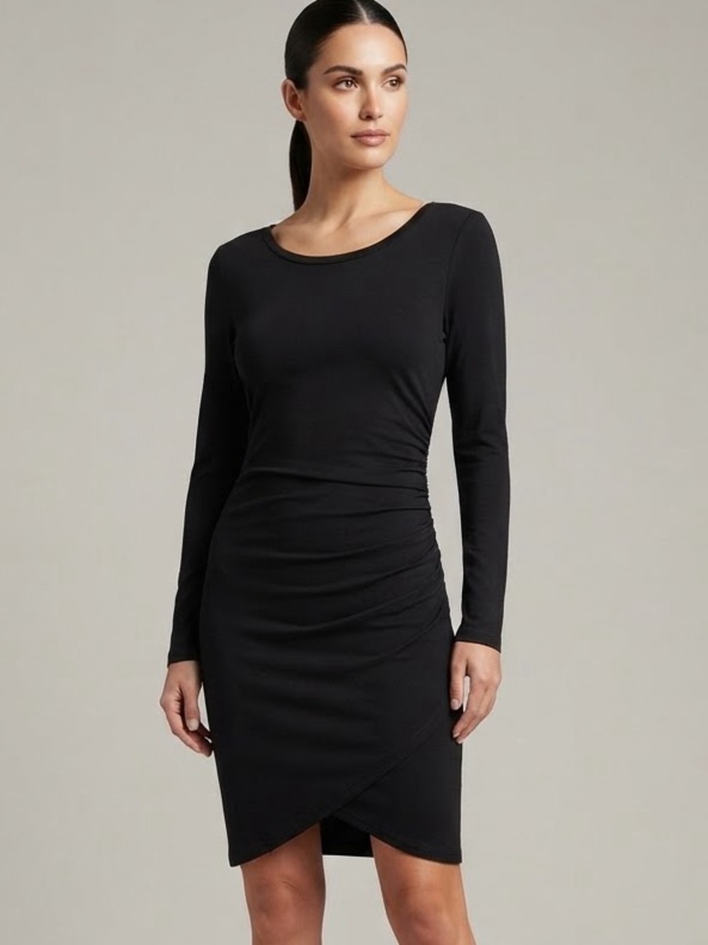 Leith Black Long Sleeve Ruched Midi Dress Size M